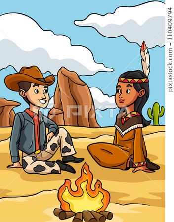 Cowboy with American Indian Girl Colored Cartoon 110409794