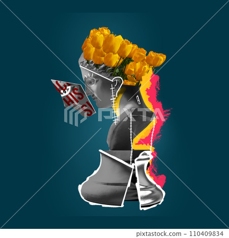 Blooming femininity. Antique statue bust with yellow tulips and doodles over dark blue background. Contemporary art collage. 110409834