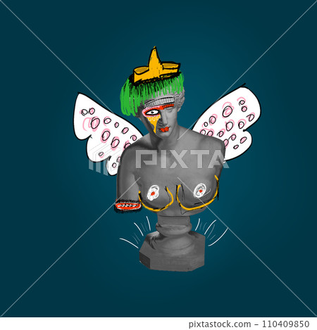 Black and white female antique statue bust with doodles, wings crown, body parts over dark blue background. Contemporary art collage. Black and white female antique statue bust with doodles, wings crown, body parts over dark blue background. Contemporary art collage. 110409850