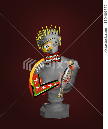 Antique statue bust wit colorful abstract drawings over dark red background. Royalty. Contemporary art collage. Antique statue bust wit colorful abstract drawings over dark red background. Royalty. Contemporary art collage. 110409852