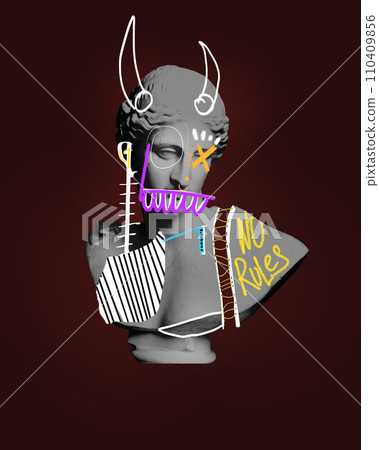No rules. Freedom. Black and white antique statue bust with colorful doodles over dark red background. Contemporary art collage. 110409856
