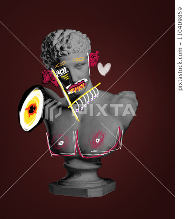 Black and white antique statue bust wit colorful modern doodles over dark red background. Contemporary art collage. Black and white antique statue bust wit colorful modern doodles over dark red background. Contemporary art collage. 110409859