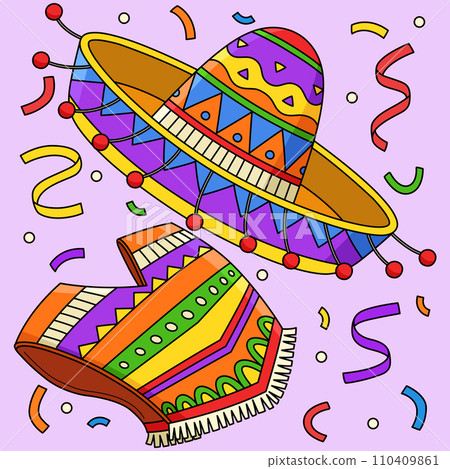 Cinco de Mayo Sombrero and Poncho Colored Cartoon Cinco de Mayo Sombrero and Poncho Colored Cartoon 110409861