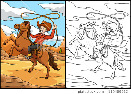 Cowboy Throwing a Lasso on a Horse Illustration Cowboy Throwing a Lasso on a Horse Illustration 110409912