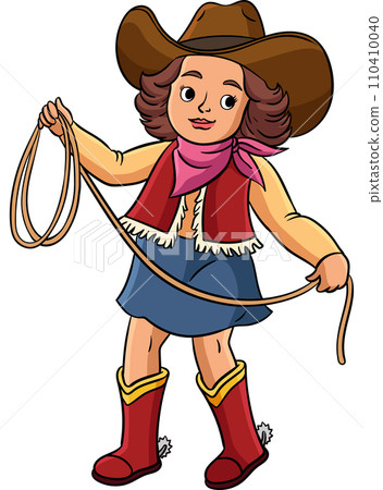 Cowboy Girl with a Rope Cartoon Colored Clipart 110410040