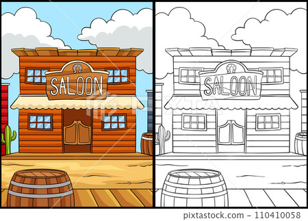 Cowboy Saloon Coloring Page Colored Illustration Cowboy Saloon Coloring Page Colored Illustration 110410058