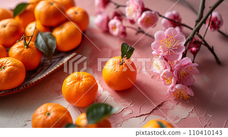 Plum blossoms flower and mandarin orange symbol of prosperity, lunar new year pink backdrop , Chinese new year background. Generative AI 110410143