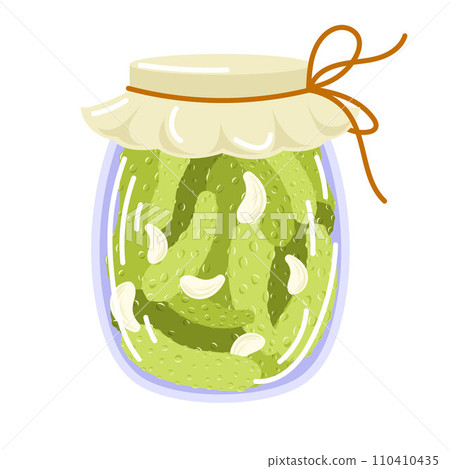 Homemade pickled cucumber with garlic in jar in flat style. Marinated food for menu, food store. Fermented veggies, crunch gherkin with salt. Vector illustration isolated on a white background. Homemade pickled cucumber with garlic in jar in flat style. Marinated food for menu, food store. Fermented veggies, crunch gherkin with salt. Vector illustration isolated on a white background. 110410435