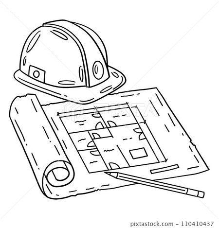 Construction Blueprint, Pencil Hard Hat Isolated  110410437