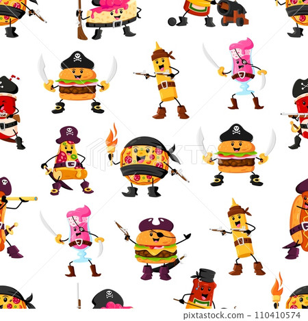Cartoon fast food pirate and corsair characters pattern. Seamless background with cute personages of vector hamburger, pizza, hot dog and soda, cheesecake, ketchup and mustard with pirate hats, guns 110410574
