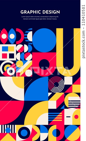 Abstract template poster with Bauhaus geometric pattern, vector cover background. Modern or retro Bauhaus, Swiss or Scandinavian pattern of simple geometric shapes for magazine or book cover template 110410581