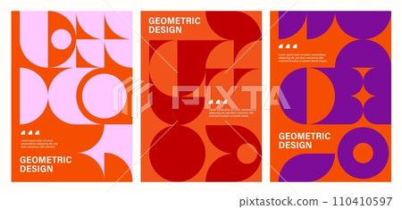 Modern geometric abstract posters with Bauhaus patterns. Business presentation cover page vector background, company poster or flyer template with Bauhaus red, purple and orange geometric patterns 110410597
