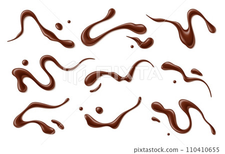 Chocolate sauce syrup drop, splash, stain and swirl. Isolated realistic 3d vector set of luscious drizzles of melt choco dessert. Indulgent delight, enticing taste buds with its sweet, decadent allure Chocolate sauce syrup drop, splash, stain and swirl. Isolated realistic 3d vector set of luscious drizzles of melt choco dessert. Indulgent delight, enticing taste buds with its sweet, decadent allure 110410655