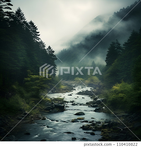 清晨山間溪流籠罩在晨霧中人工智慧生成的影像 110410822