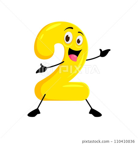 Cartoon funny math number two character with yellow rounded body, smile and 2 big eyes. Isolated vector educational playful and cheerful personage for kids preschool education, game or fun learning Cartoon funny math number two character with yellow rounded body, smile and 2 big eyes. Isolated vector educational playful and cheerful personage for kids preschool education, game or fun learning 110410836
