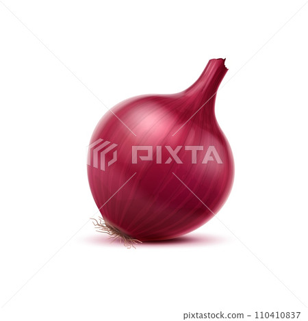 Realistic red raw onion, isolated whole vegetable. 3d vector unpeeled purple bulb plant boasts layers of intense flavor. Its vivid hue adds a striking touch to salads, salsas, and culinary creations Realistic red raw onion, isolated whole vegetable. 3d vector unpeeled purple bulb plant boasts layers of intense flavor. Its vivid hue adds a striking touch to salads, salsas, and culinary creations 110410837