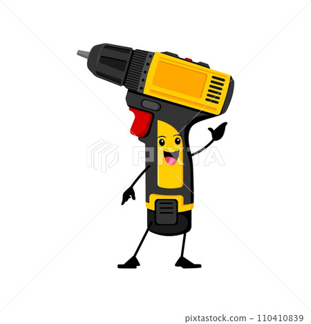 Cartoon funny drill diy, building and repair tool character. Isolated vector quirky and vibrant instrument personage with a mischievous grin, and googly eyes, ready for playful construction adventures Cartoon funny drill diy, building and repair tool character. Isolated vector quirky and vibrant instrument personage with a mischievous grin, and googly eyes, ready for playful construction adventures 110410839