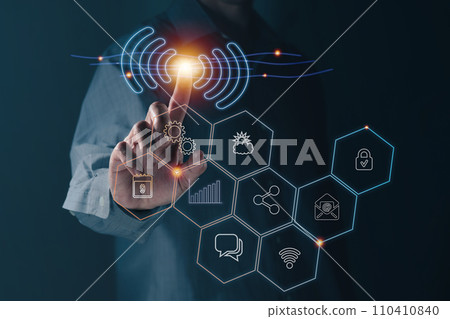 Businessman pointing, WiFi network signal technology internet concept, Businessman pointing, WiFi network signal technology internet concept, 110410840
