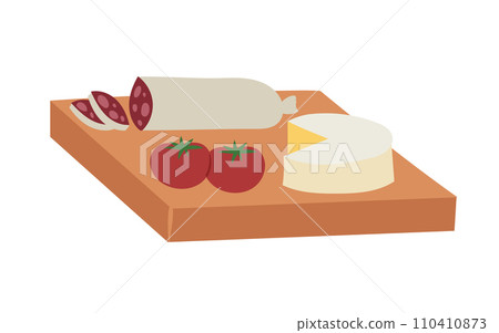 Cheese, salami, and tomatoes on cutting board. Flat design of appetizer platter. Gourmet snacks vector illustration. 110410873