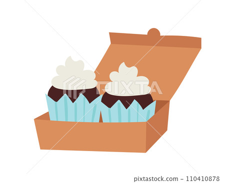 Two cupcakes with white frosting in a brown box. Sweet bakery items for dessert, simple cartoon style vector illustration. 110410878
