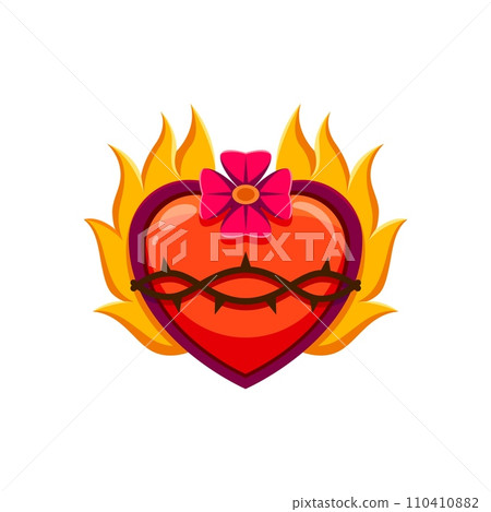Mexico sacred Jesus heart retro sticker or cartoon icon. Mexico tattoo, Latin America culture apparel print or Christian religion sacred heart symbol with fire, crown of thorn and clover flower Mexico sacred Jesus heart retro sticker or cartoon icon. Mexico tattoo, Latin America culture apparel print or Christian religion sacred heart symbol with fire, crown of thorn and clover flower 110410882