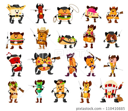 Cartoon fast food cowboy and ranger, bandit and sheriff characters. Vector french fries, chicken drumstick, nachos, donut and burrito. Pop corn, coffee, ice cream and taco. Pizza, cheesecake, burger Cartoon fast food cowboy and ranger, bandit and sheriff characters. Vector french fries, chicken drumstick, nachos, donut and burrito. Pop corn, coffee, ice cream and taco. Pizza, cheesecake, burger 110410885