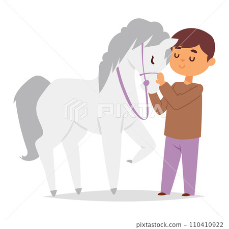 Young boy gently petting white horse, both shown in profile on clear background. Child enjoying time with horse, animal friendship concept vector illustration. Young boy gently petting white horse, both shown in profile on clear background. Child enjoying time with horse, animal friendship concept vector illustration. 110410922