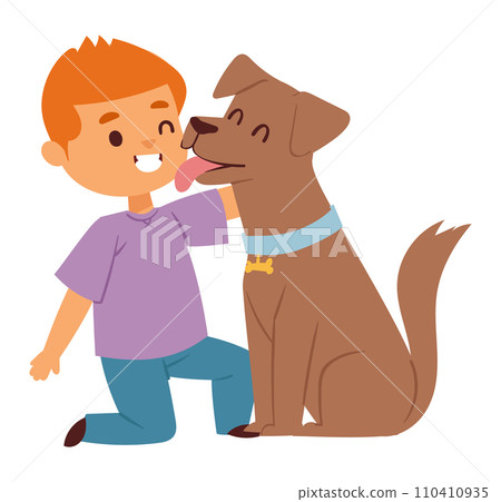Young boy kneeling beside a brown dog, the dog licking the boy's face happily. Child and pet bonding, love between animals and kids vector illustration. 110410935