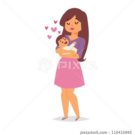 Mother lovingly holding her baby with care and affection. Young woman cradling a happy infant surrounded by hearts. Motherhood and love concept vector illustration. Mother lovingly holding her baby with care and affection. Young woman cradling a happy infant surrounded by hearts. Motherhood and love concept vector illustration. 110410995