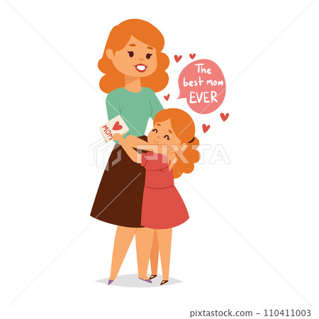 Young girl hugging her mother, both smiling, child holding a card with a heart, speech bubble 'best mom ever'. Mother's Day celebration, showing love and gratitude vector illustration. 110411003