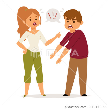 Angry woman and man arguing with shouting expressions. White adults in casual clothes having a disagreement. Conflict resolution and relationship issues vector illustration. 110411138