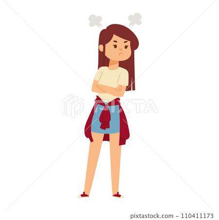 Young girl with angry expression, arms crossed, wearing a sweater tied around her waist. Upset child cartoon character showing frustration vector illustration. 110411173