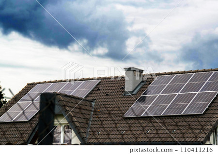 Historic farm house with modern solar panels on roof and wall Illustration Historic farm house with modern solar panels on roof and wall Illustration 110411216