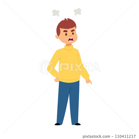 Angry young boy with steam coming out of ears. Child in yellow shirt and blue pants showing frustration. Emotional expression and childhood behavior vector illustration. Angry young boy with steam coming out of ears. Child in yellow shirt and blue pants showing frustration. Emotional expression and childhood behavior vector illustration. 110411217