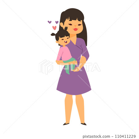 Asian mother holding her young daughter with love and affection. Both are smiling, showing a happy family moment. Mother and child bonding vector illustration. Asian mother holding her young daughter with love and affection. Both are smiling, showing a happy family moment. Mother and child bonding vector illustration. 110411229