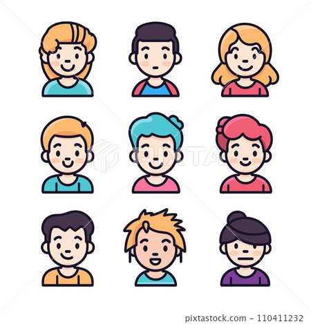 A collection of nine colorful cartoon avatars representing diverse people in a vector illustration. A collection of nine colorful cartoon avatars representing diverse people in a vector illustration. 110411232
