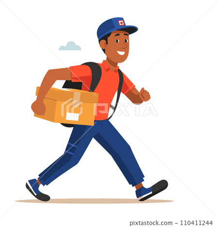 A smiling delivery man is holding a large package with clouds in the background in the vector illustration. A smiling delivery man is holding a large package with clouds in the background in the vector illustration. 110411244