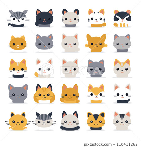 A collection of cute and various cartoon cat faces is displayed in a vector illustration. 110411262
