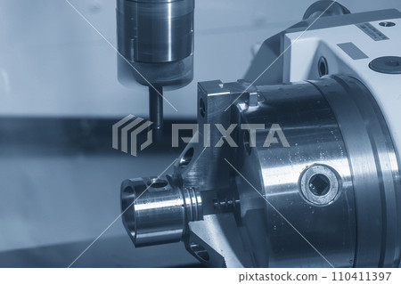 The 4 axis machining center cutting the automotive parts parts with ball end mill tool. The 4 axis machining center cutting the automotive parts parts with ball end mill tool. 110411397