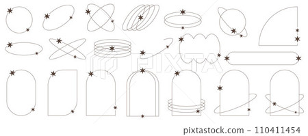 Aesthetic frames and shapes with stars. Minimal y2k outline graphic design with sparkles. Abstract arches borders. Trendy boho geometric templates set. Vector illustration. 110411454