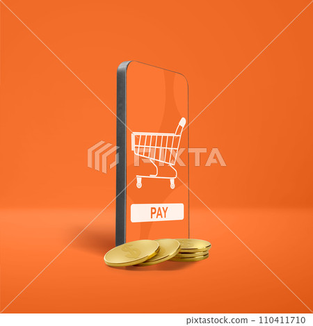 Golden coin and mobile phones for online payment, banking, or online shopping 110411710