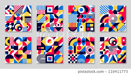 Abstract square bauhaus geometric pattern. Vector vibrant ornaments with interweaving bold colors and clean lines, creating a visually striking mosaic and modern visual creative composition 110411773