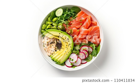 Poke bowl with salted salmon, avocado, edamame beans 110411834
