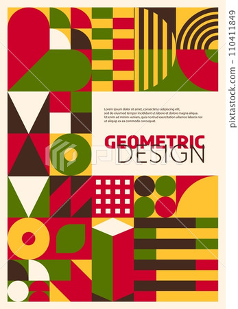 Abstract modern poster with Mexican motif of geometric Bauhaus pattern. Event promo poster vector template, company flyer design layout with Mexican abstract geometrical shapes or Bauhaus pattern 110411849
