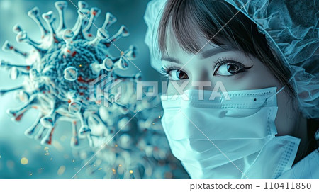 Digital image of green virus against scientist working in laboratory 110411850
