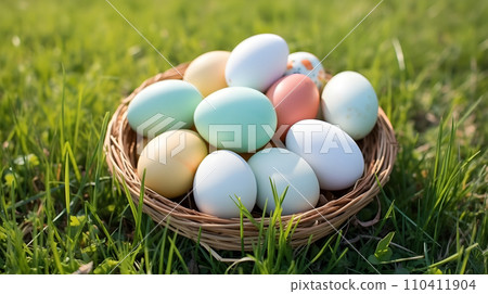 Wicker basket with Easter eggs 110411904