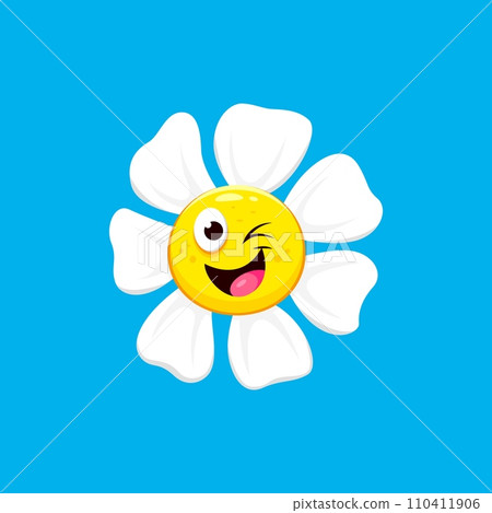Cartoon chamomile, daisy flower character with playful face emotion. Isolated vector cute personage smile and wink eye. Positive emoticon, funny smiling blossom face. Emoji for apps and messages 110411906