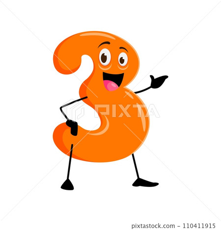 Cartoon funny math number three character with expressive eyes and charming smile. Isolated cute vector orange colored digit 3 personage perfect for children books and mathematics educational games Cartoon funny math number three character with expressive eyes and charming smile. Isolated cute vector orange colored digit 3 personage perfect for children books and mathematics educational games 110411915