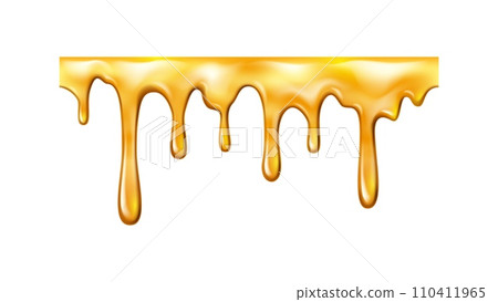 Sweet sticky honey dripping and melting, isolated amber essence or fluid drops. Vector maple syrup or caramel topping flowing with droplets, oily substance 110411965