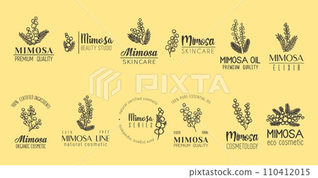 Mimosa flower minimal emblem, natural skin care cosmetics and extract embrace beauty of nature. Vector labels for cosmetic brand symbolize purity and grace through simple yet elegant blooms and fonts 110412015
